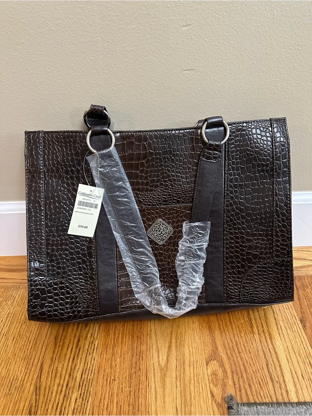 NWT Coldwater Creek Juliana Brown Crocodile Embossed Tote- Shoulder Bag